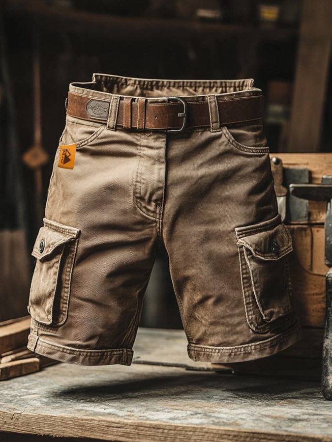 Belted Cargo Shorts for Men - Brown