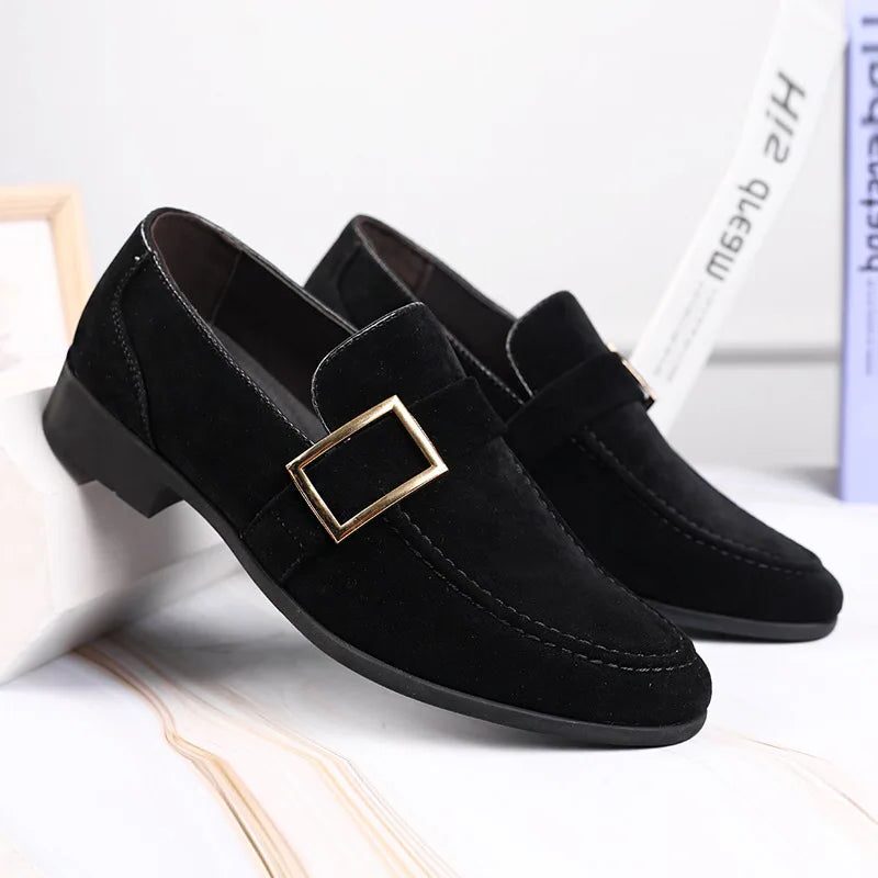 Buckle Strap Suede Loafers for Men - Black