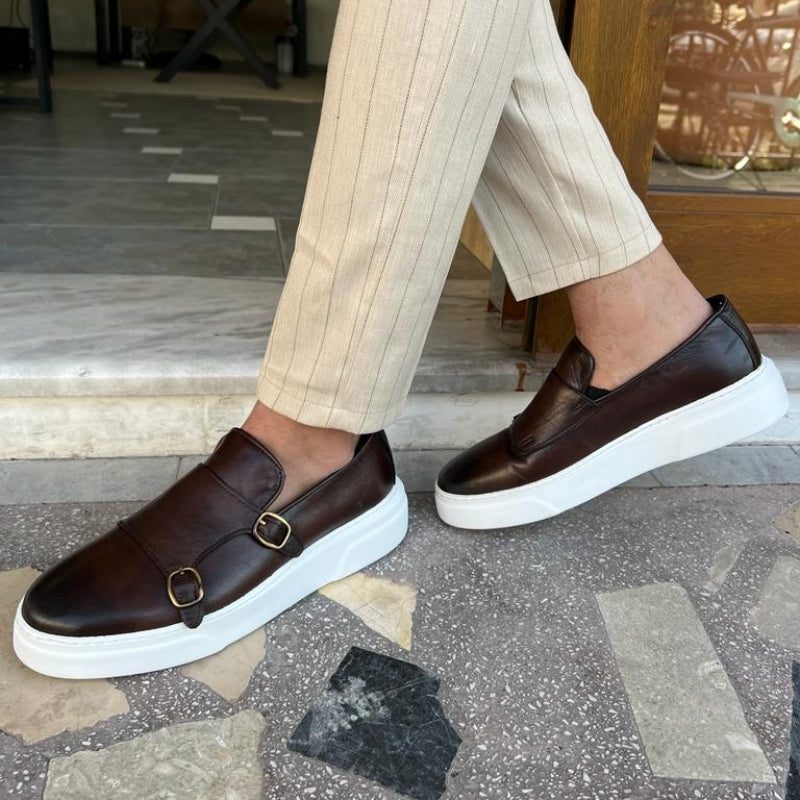 Buckle Strap Leather Slip-On Sneakers for Men - View 3