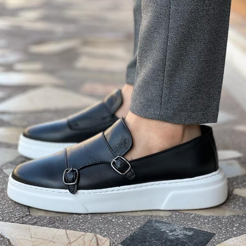 Buckle Strap Leather Slip-On Sneakers for Men - Black