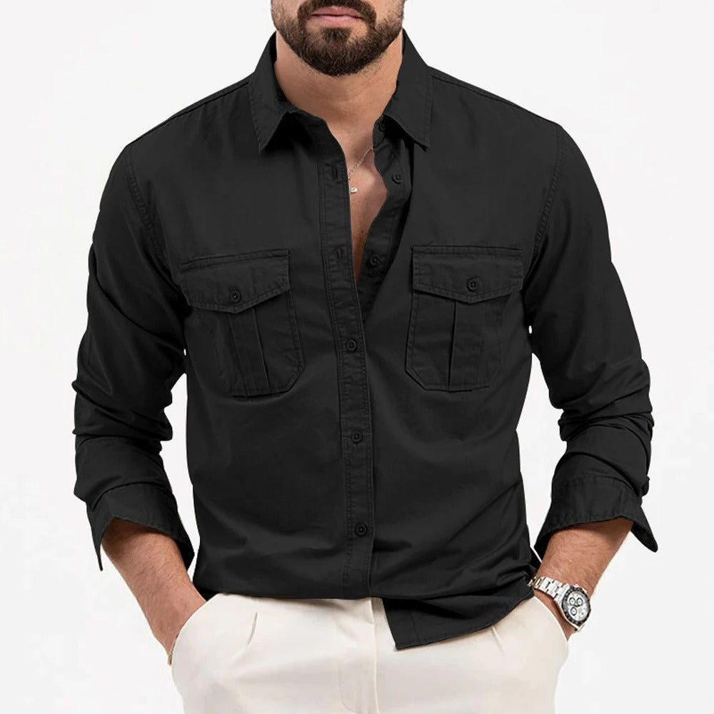 Button-Down Cargo Shirt for Men - Black