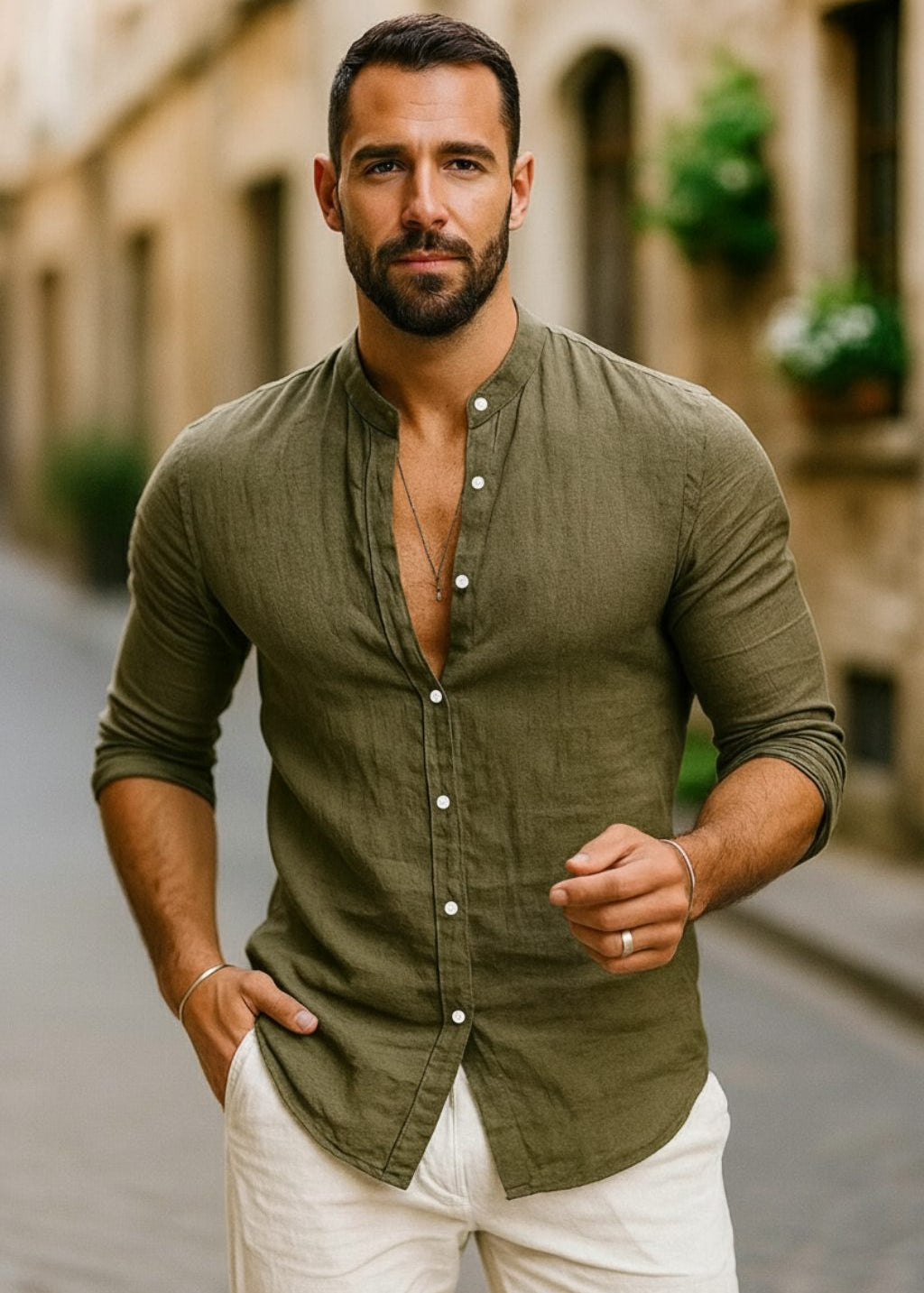 Button-Down Linen Long Sleeve Shirt for Men - Army Green