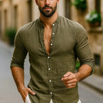 Button-Down Linen Long Sleeve Shirt for Men - Army Green