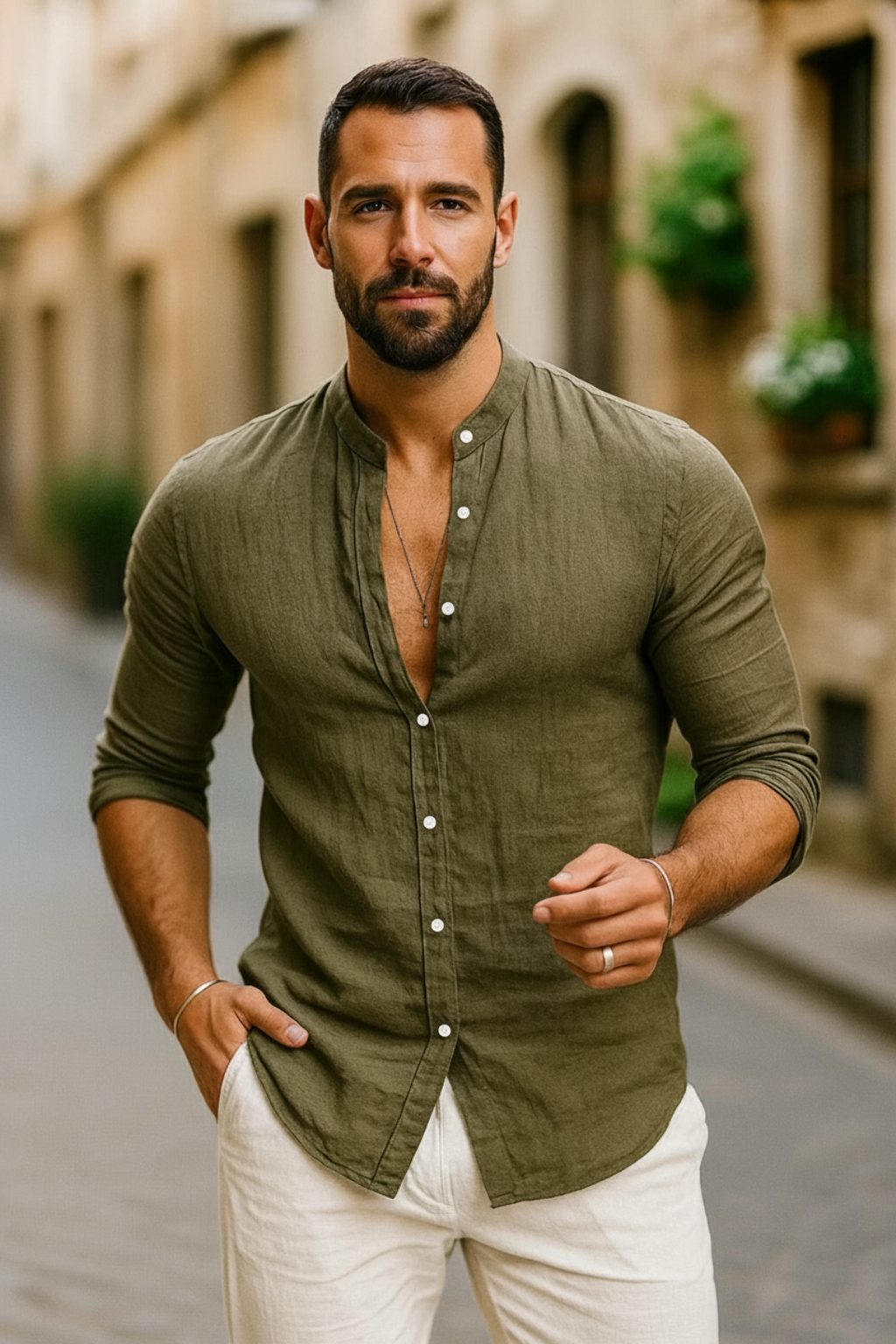 Button-Down Linen Long Sleeve Shirt for Men - Army Green