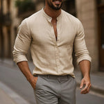 Button-Down Linen Long Sleeve Shirt for Men - Beige