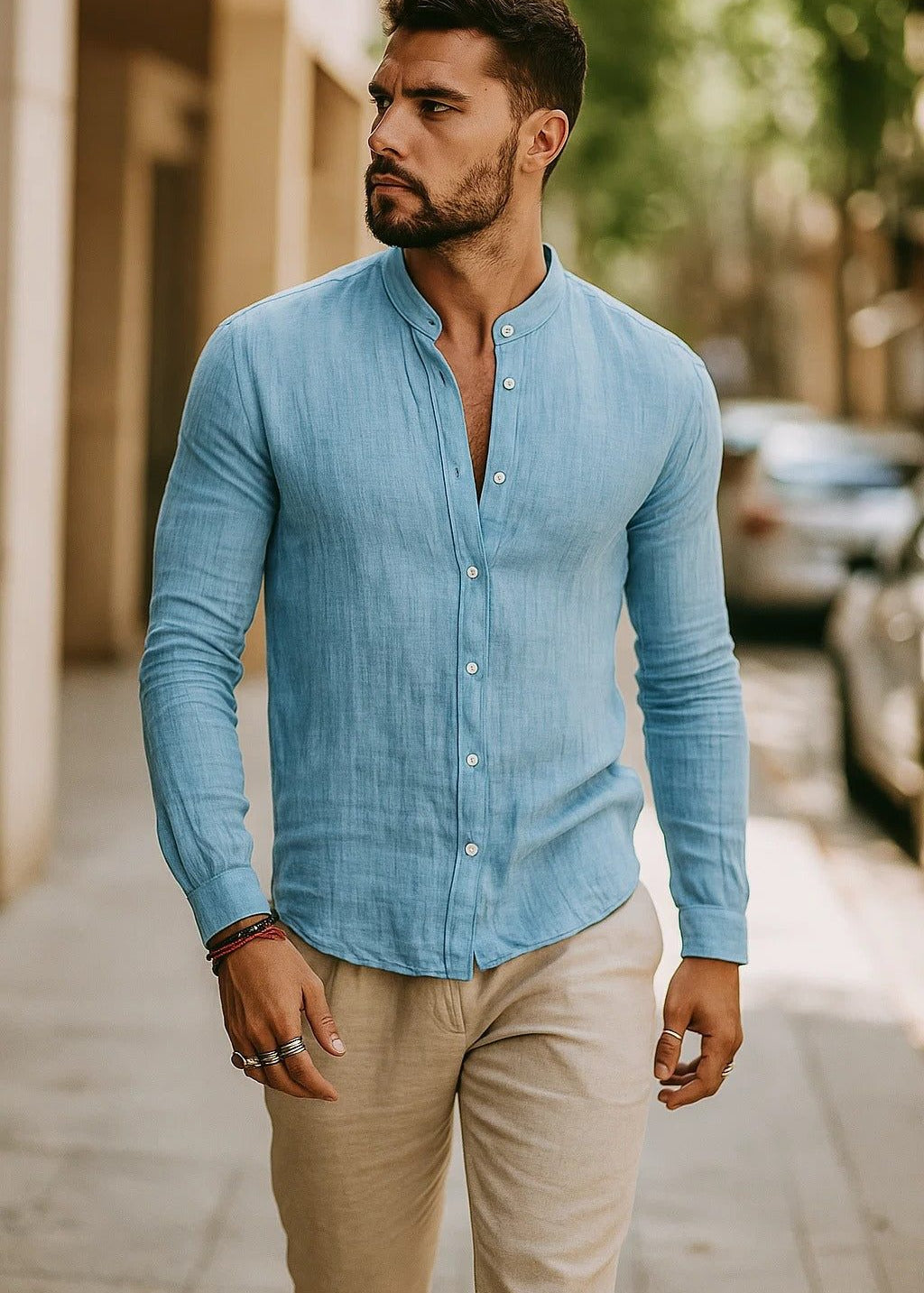Button-Down Linen Long Sleeve Shirt for Men - Light Blue