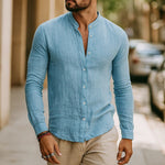 Button-Down Linen Long Sleeve Shirt for Men - Light Blue