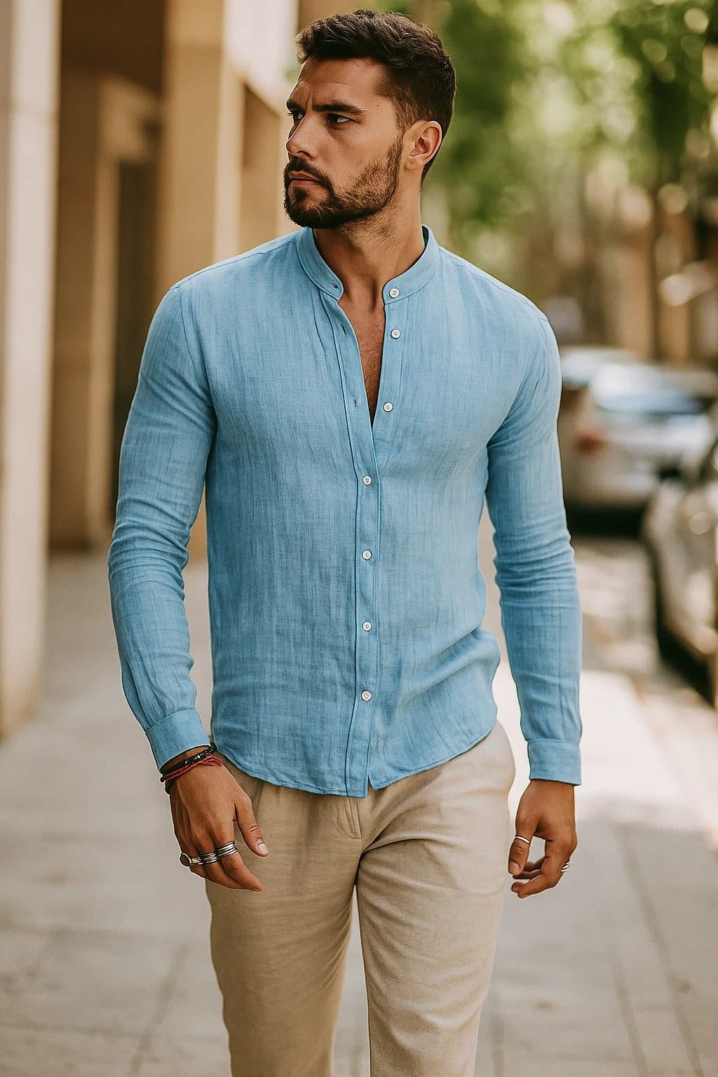 Button-Down Linen Long Sleeve Shirt for Men - Light Blue