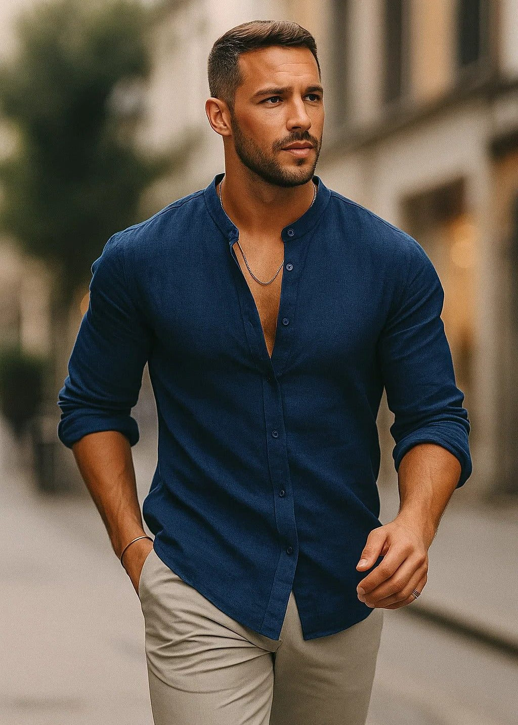Button-Down Linen Long Sleeve Shirt for Men - Blue