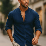 Button-Down Linen Long Sleeve Shirt for Men - Blue