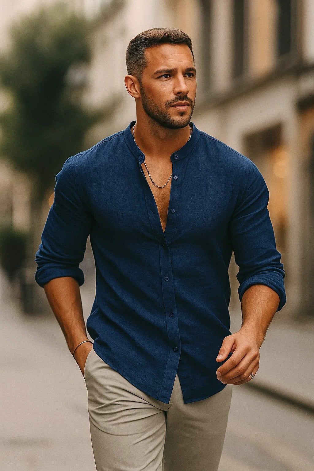Button-Down Linen Long Sleeve Shirt for Men - Blue