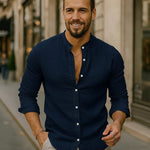 Button-Down Linen Long Sleeve Shirt for Men - Navy Blue