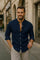 Button-Down Linen Long Sleeve Shirt for Men - Navy Blue