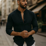 Button-Down Linen Long Sleeve Shirt for Men - Black