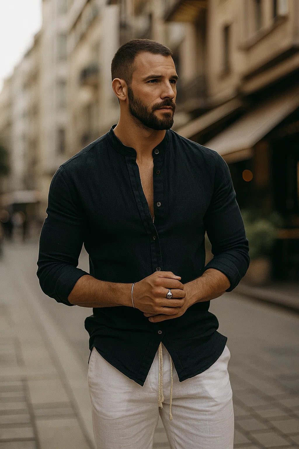 Button-Down Linen Long Sleeve Shirt for Men - Black