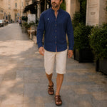 Button-Down Linen Shirt for Men - Navy Blau