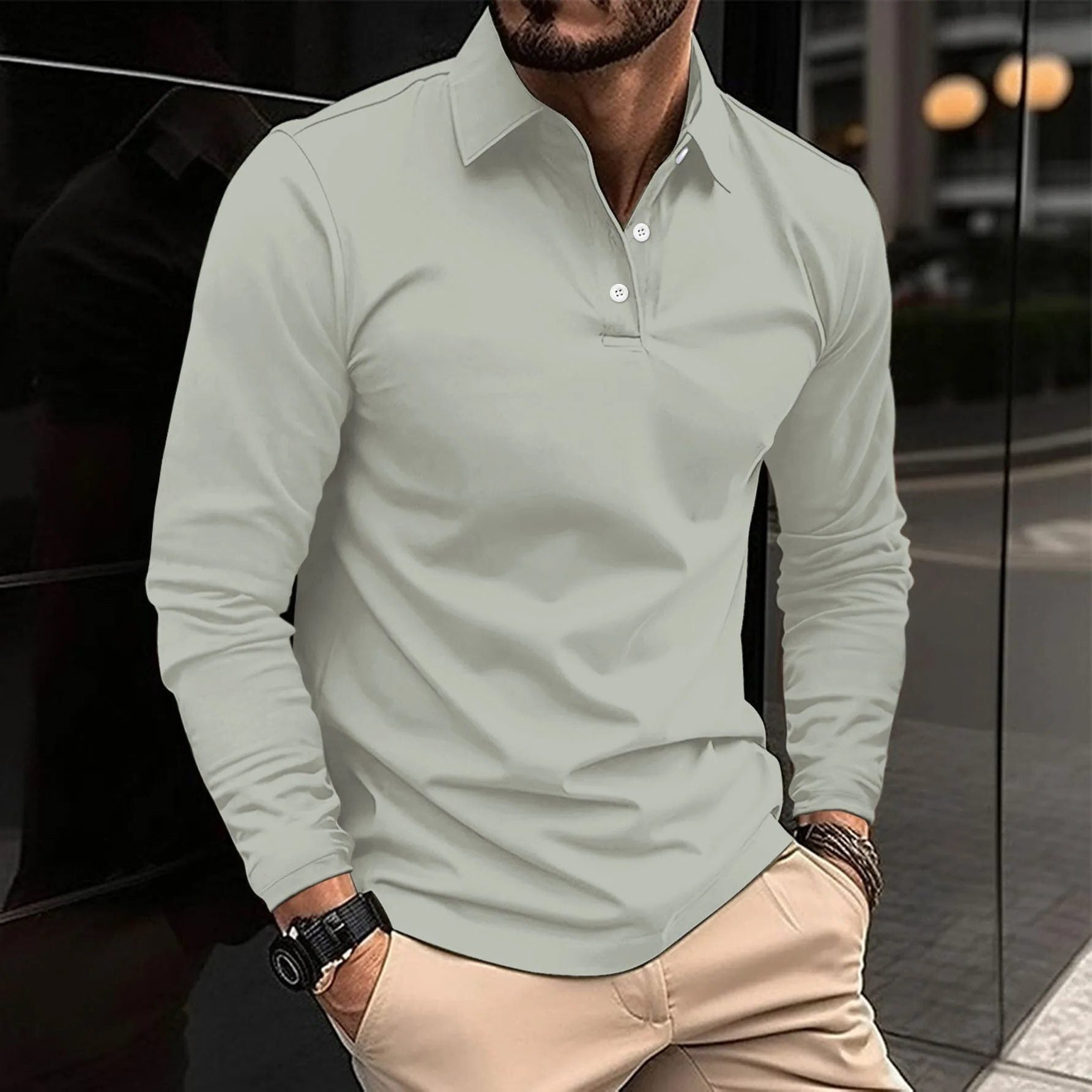 Button-Down Long Sleeve Polo Shirt for Men - Grey