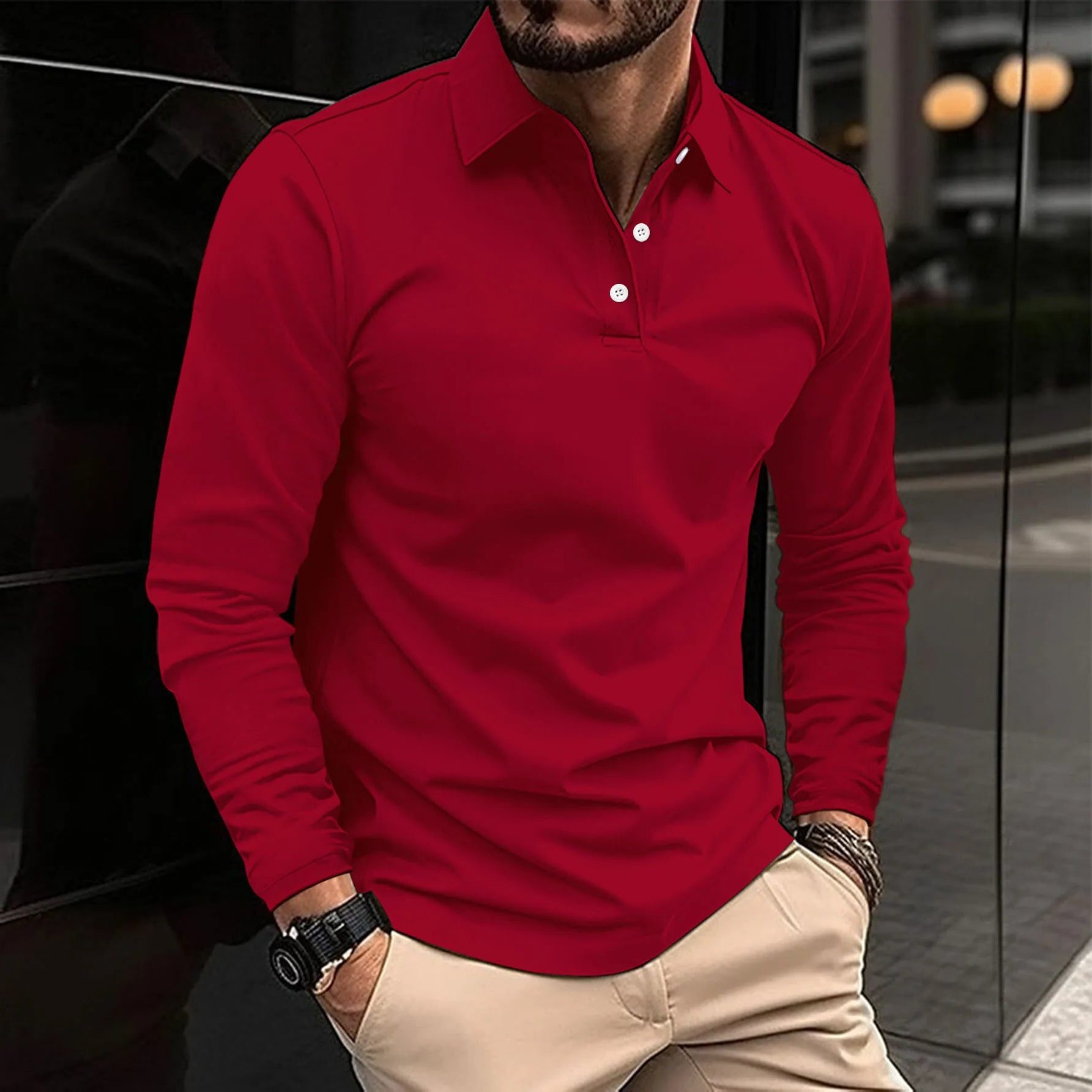 Button-Down Long Sleeve Polo Shirt for Men - Red
