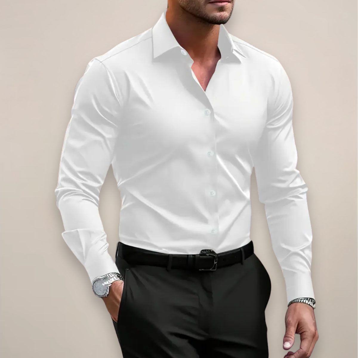 Button-Down Long Sleeve Shirt for Men - White