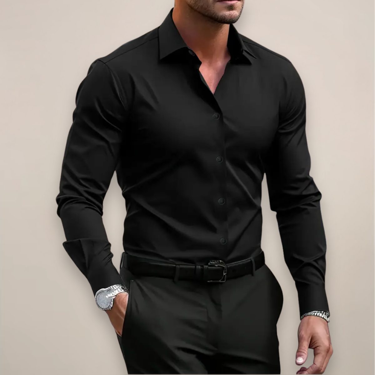 Button-Down Long Sleeve Shirt for Men - Black