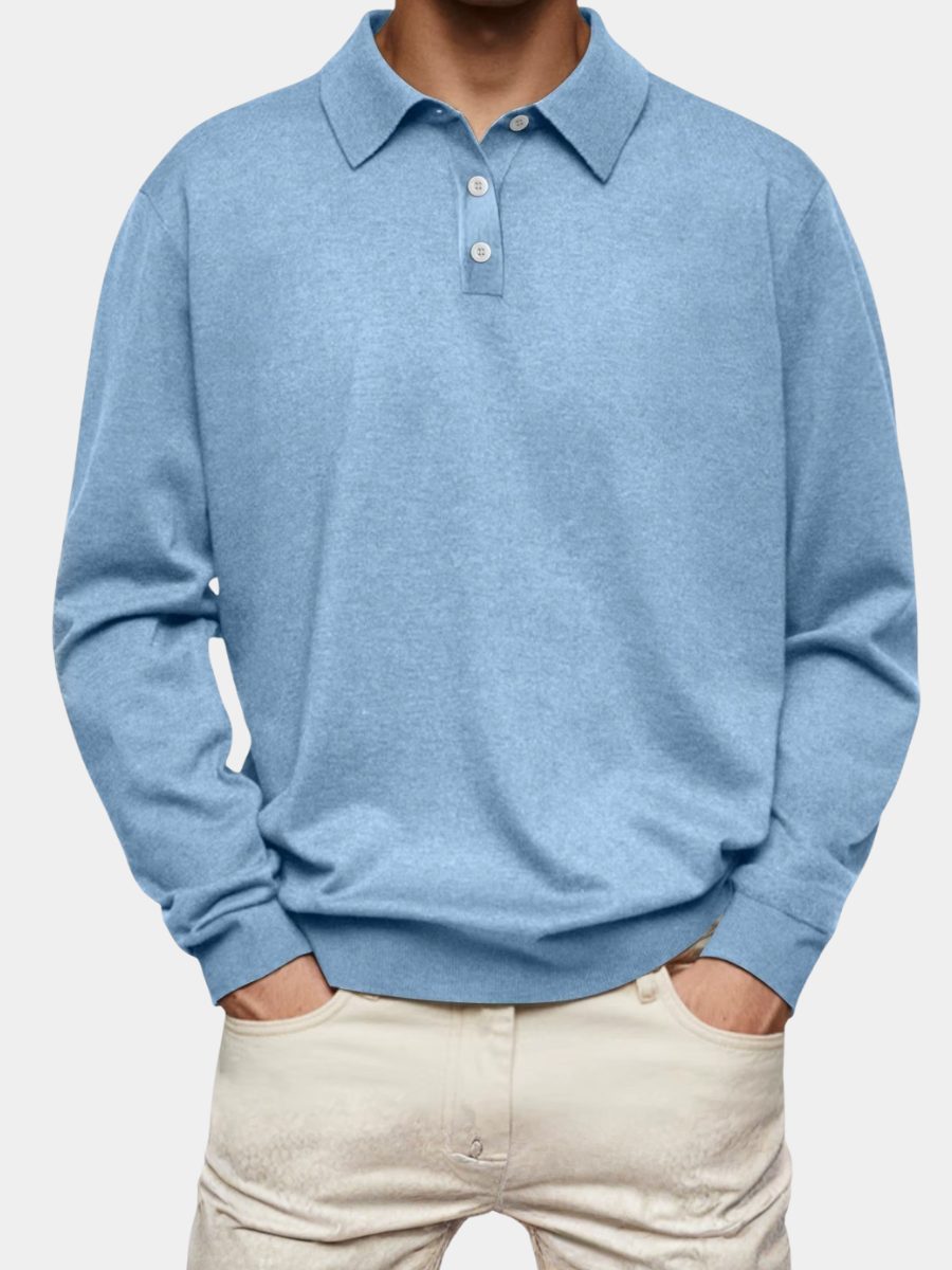 Button-Down Ribbed Knit Long Sleeve Polo Shirt for Men