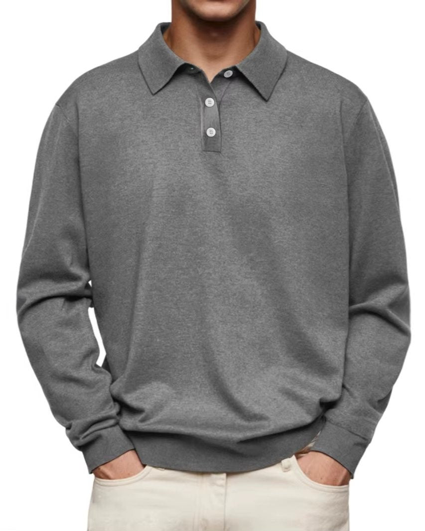 Button-Down Ribbed Knit Long Sleeve Polo Shirt for Men - Gray