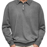 Button-Down Ribbed Knit Long Sleeve Polo Shirt for Men - Gray