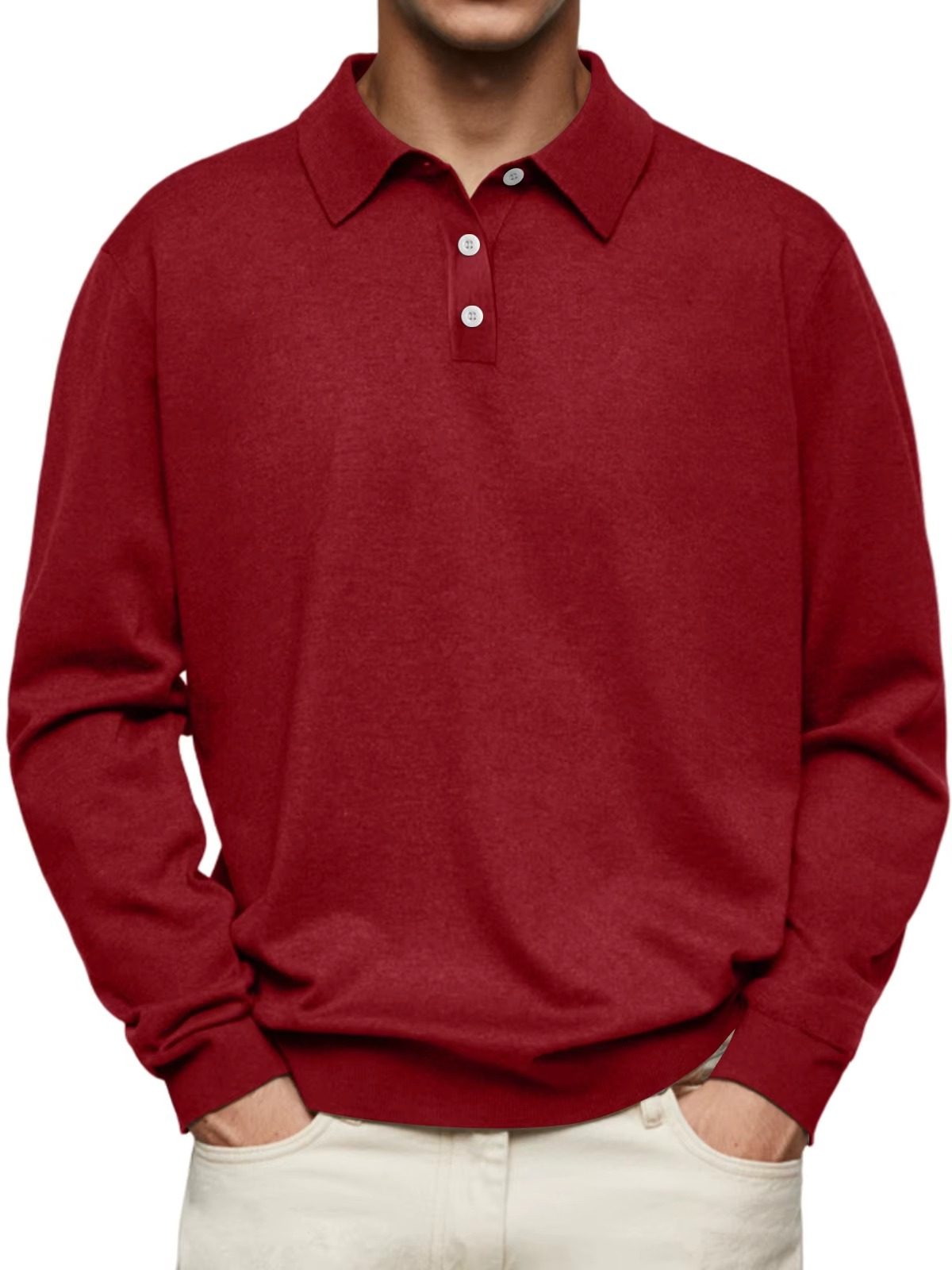 Button-Down Ribbed Knit Long Sleeve Polo Shirt for Men - Red