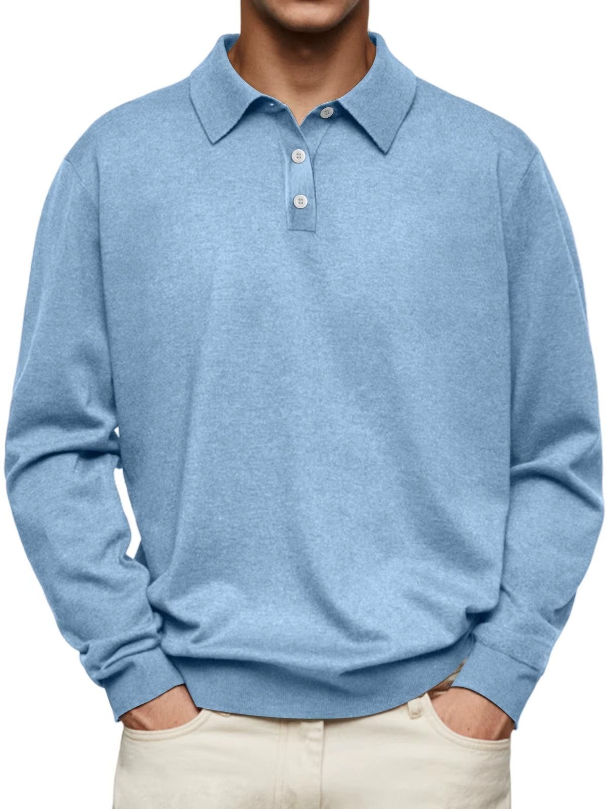 Button-Down Ribbed Knit Long Sleeve Polo Shirt for Men - View 2