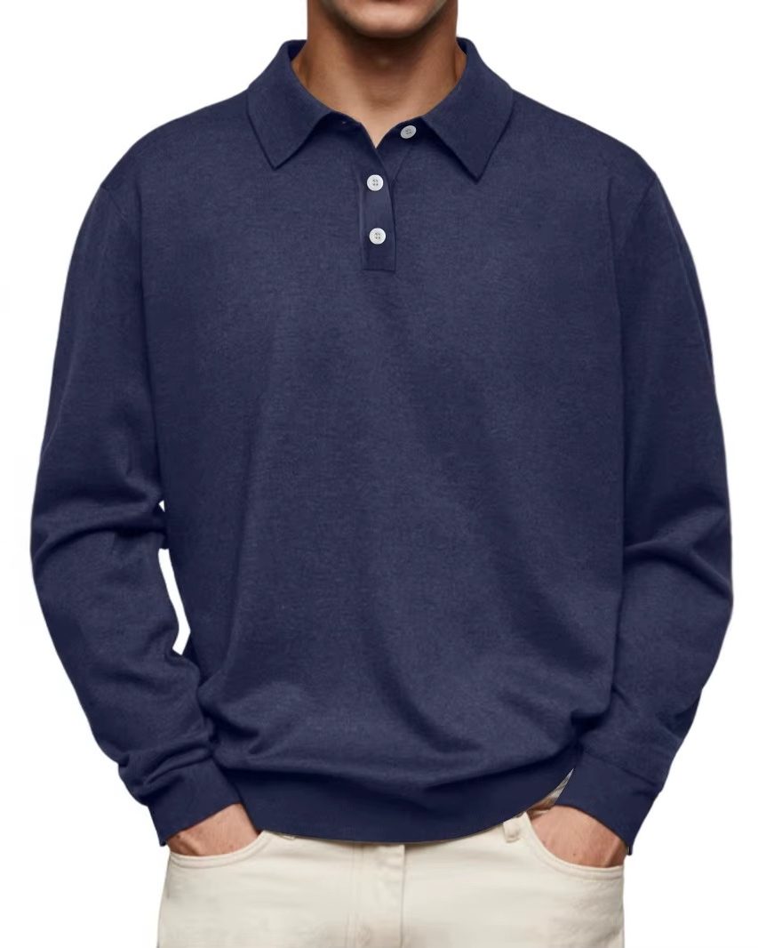 Button-Down Ribbed Knit Long Sleeve Polo Shirt for Men - Navy Blue