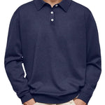 Button-Down Ribbed Knit Long Sleeve Polo Shirt for Men - Navy Blue