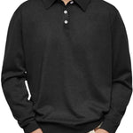 Button-Down Ribbed Knit Long Sleeve Polo Shirt for Men - Black