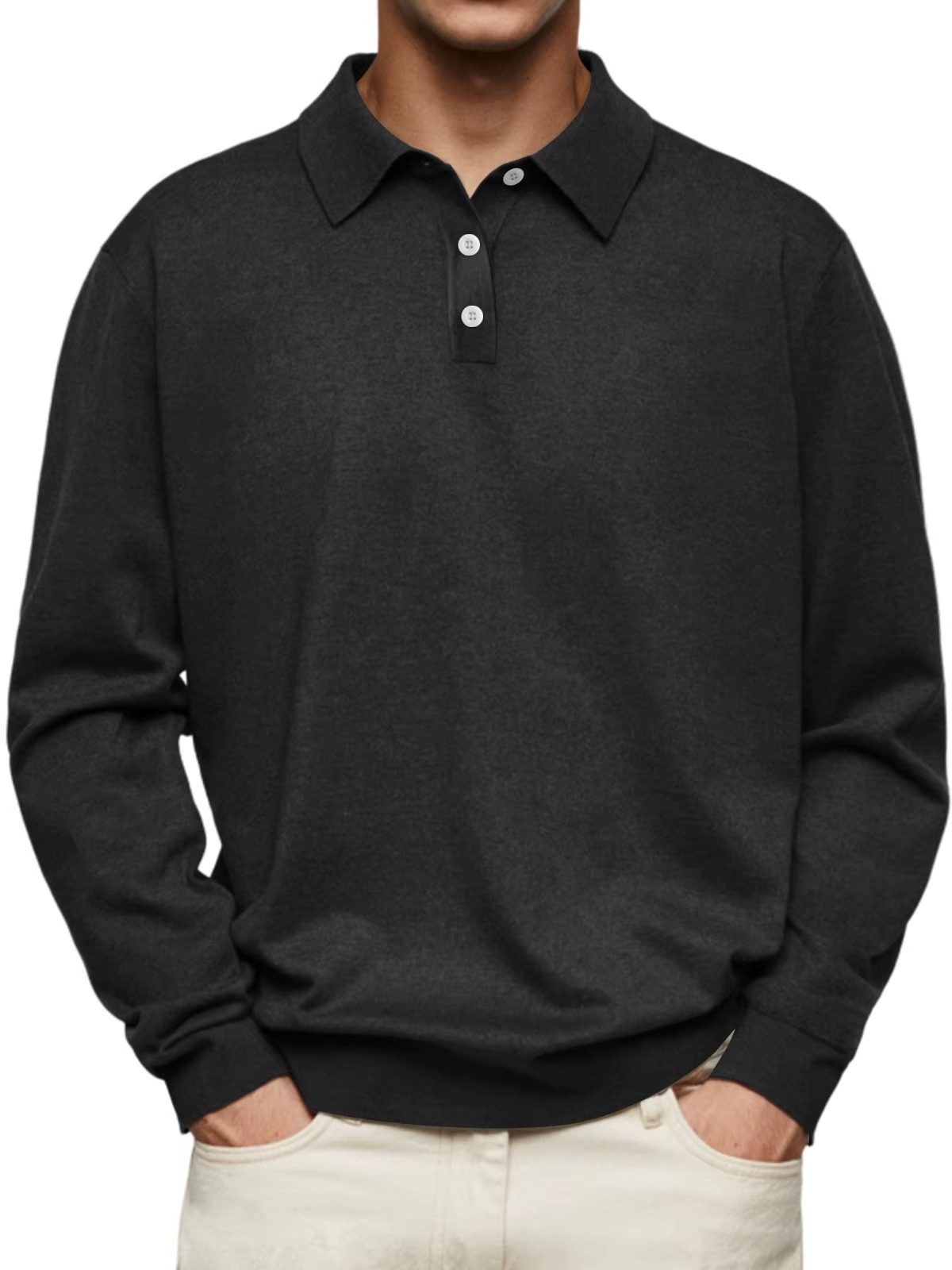 Button-Down Ribbed Knit Long Sleeve Polo Shirt for Men - Black