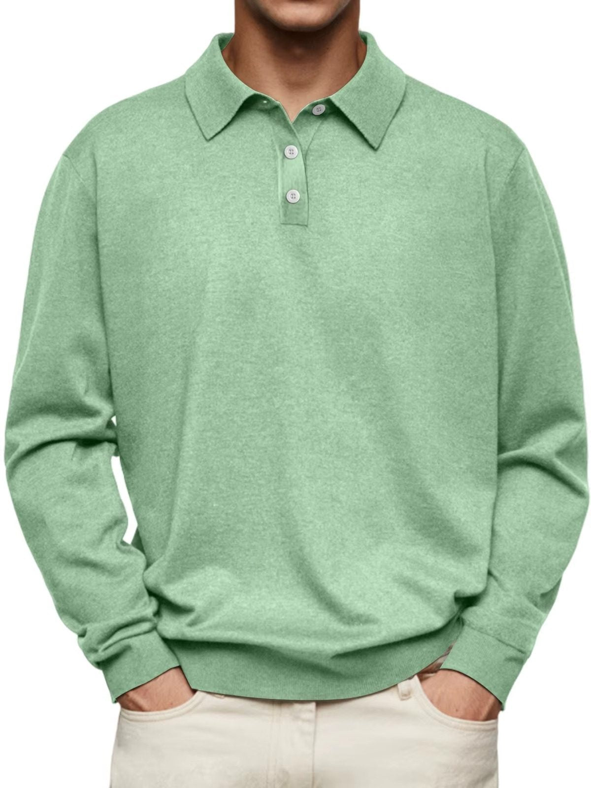 Button-Down Ribbed Knit Long Sleeve Polo Shirt for Men - Light Green