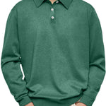 Button-Down Ribbed Knit Long Sleeve Polo Shirt for Men - Dark Green