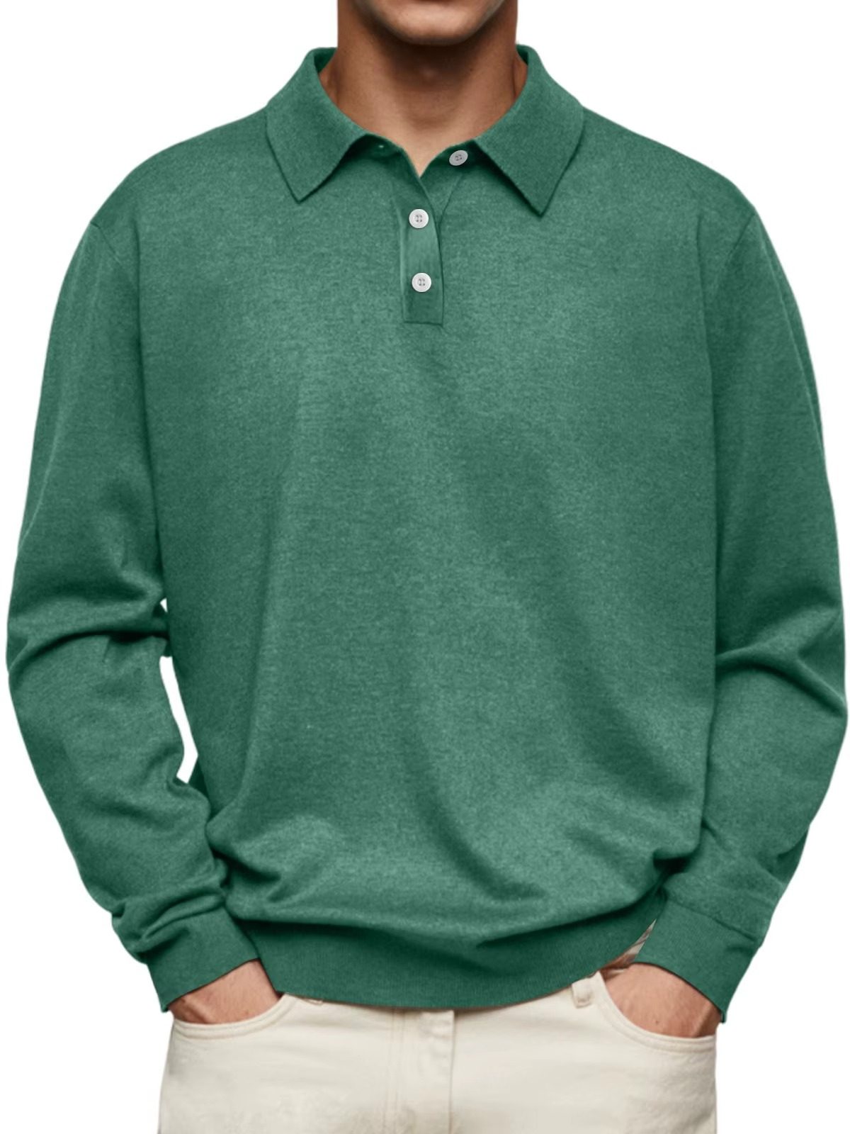 Button-Down Ribbed Knit Long Sleeve Polo Shirt for Men - Dark Green