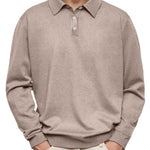 Button-Down Ribbed Knit Long Sleeve Polo Shirt for Men - Khaki