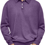 Button-Down Ribbed Knit Long Sleeve Polo Shirt for Men - Purple