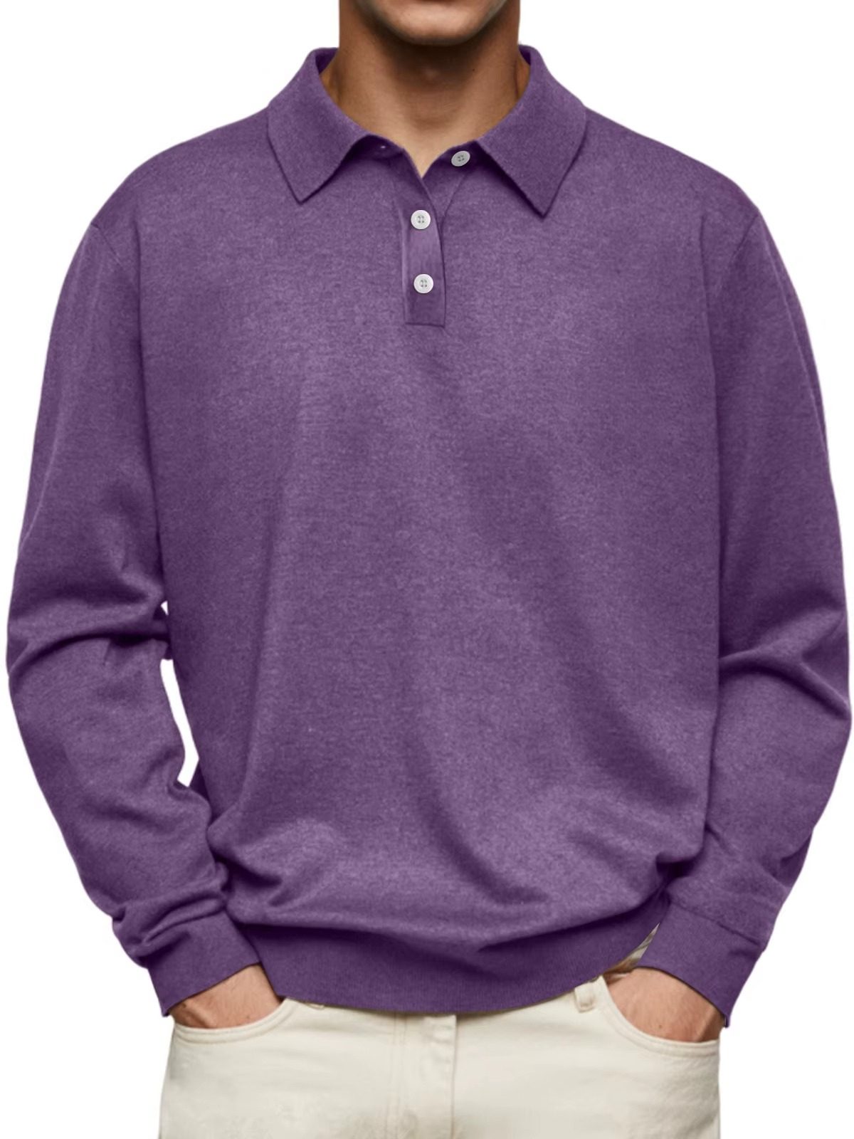Button-Down Ribbed Knit Long Sleeve Polo Shirt for Men - Purple