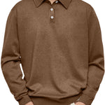 Button-Down Ribbed Knit Long Sleeve Polo Shirt for Men - Brown