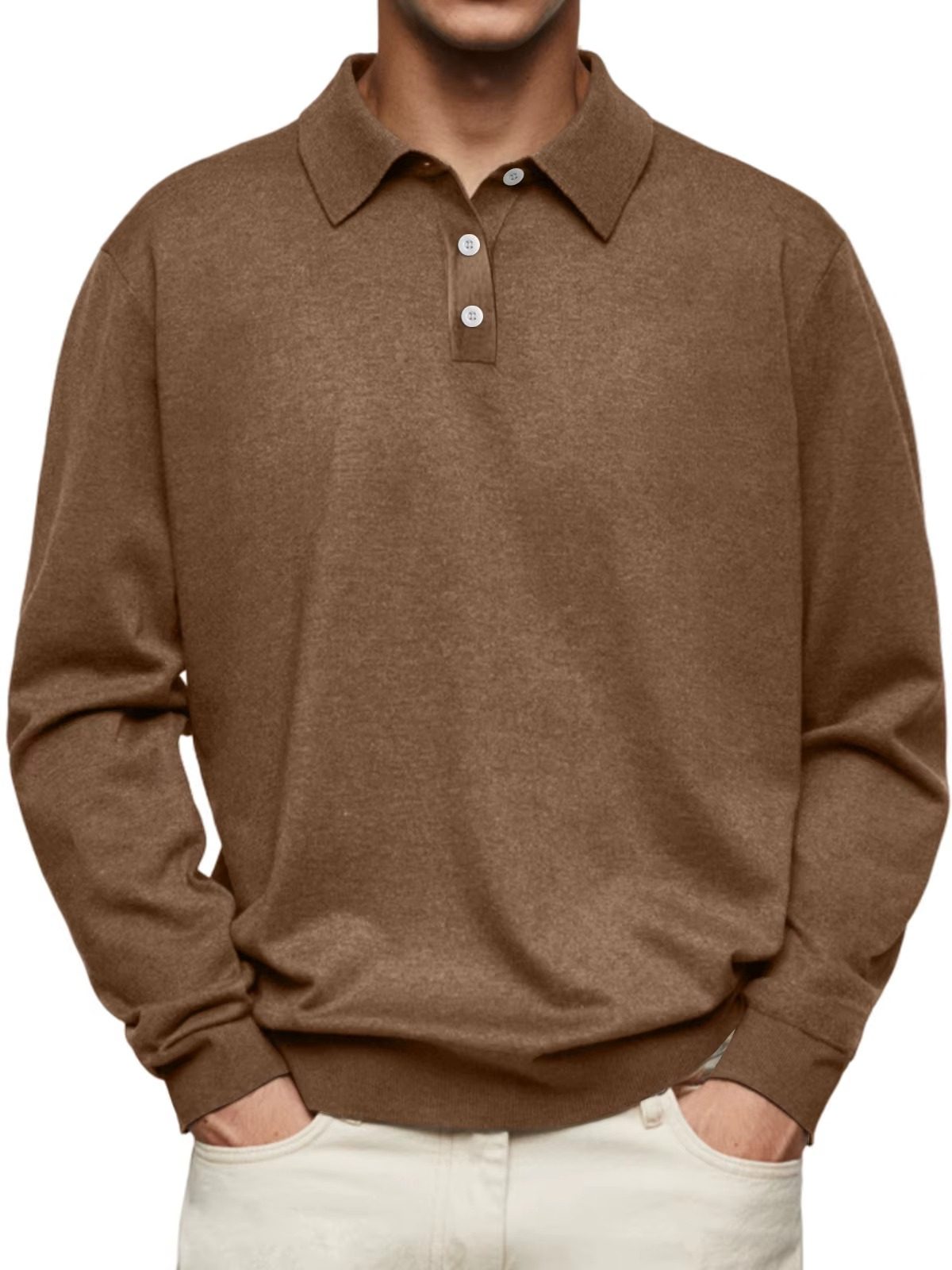 Button-Down Ribbed Knit Long Sleeve Polo Shirt for Men - Brown