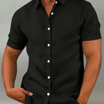 Button-Down Short Sleeve Casual Shirt for Men - Black