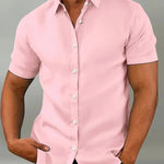 Button-Down Short Sleeve Casual Shirt for Men - Light Pink