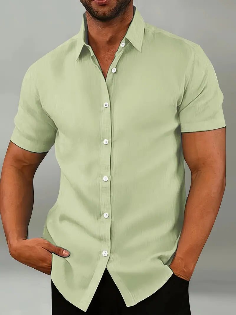 Button-Down Short Sleeve Casual Shirt for Men - Light Green