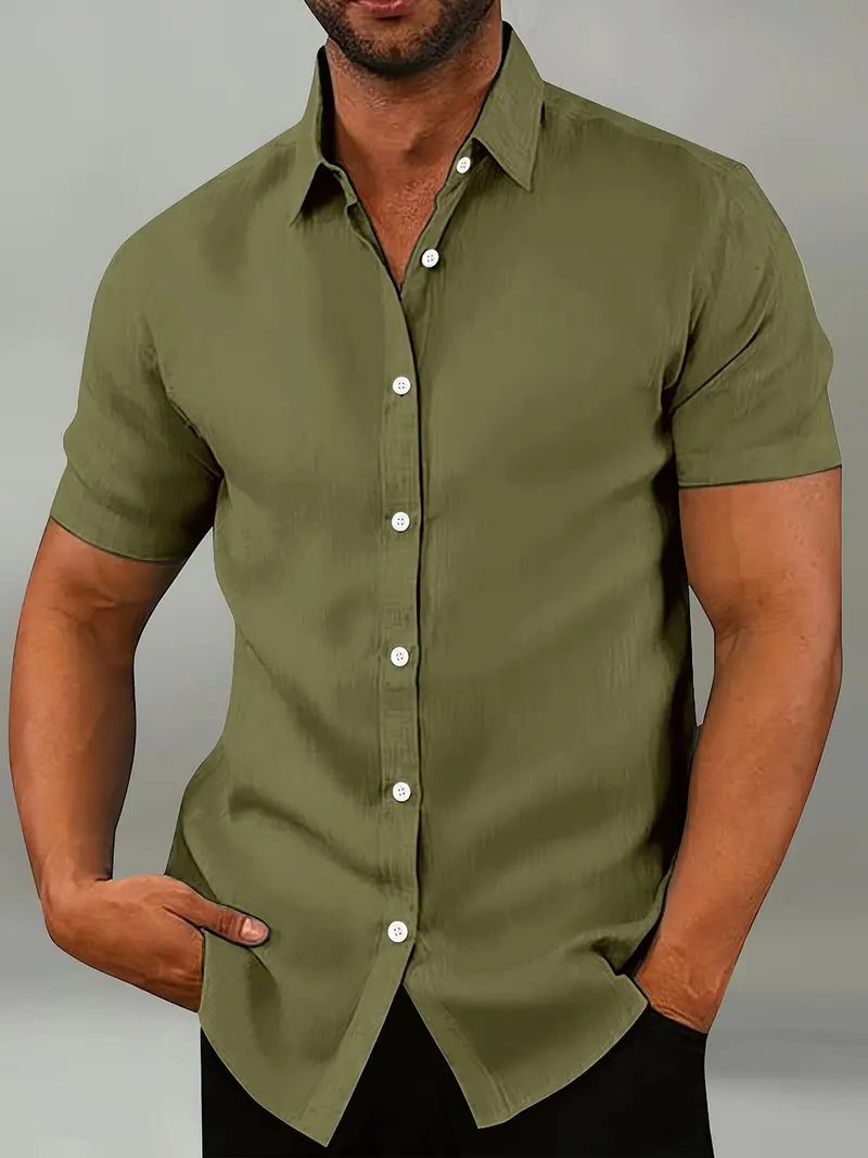 Button-Down Short Sleeve Casual Shirt for Men - Dark Green