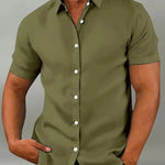 Button-Down Short Sleeve Casual Shirt for Men - Dark Green