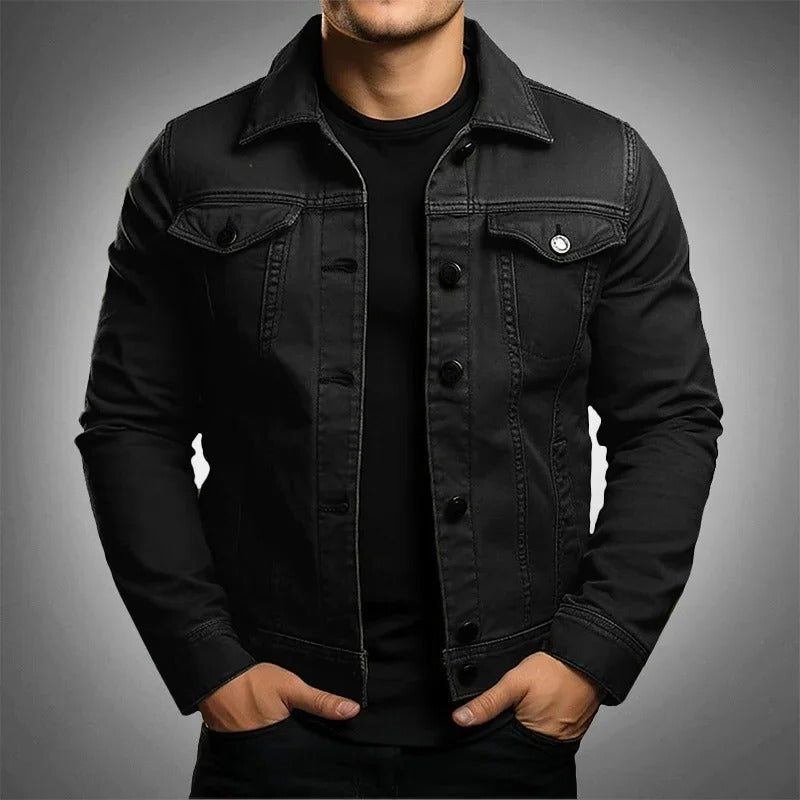 Button-Up Denim Jacket for Men - Black