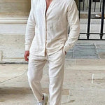 Button-Up Linen Set with Stand Collar for Men