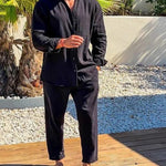 Button-Up Linen Set with Stand Collar for Men - Black
