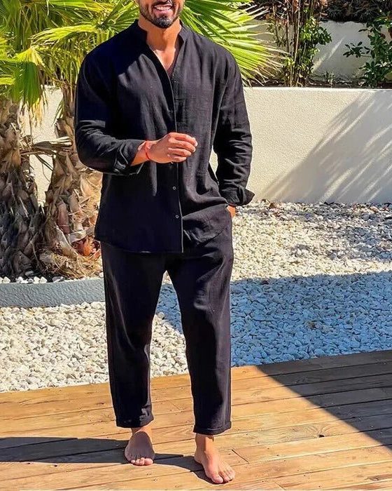 Button-Up Linen Set with Stand Collar for Men - Black